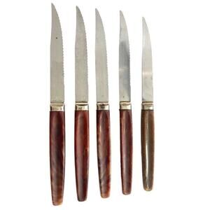 Regent Steak Knife Set of 5 Bakelite Brown Handle Stainless Blade Vintage